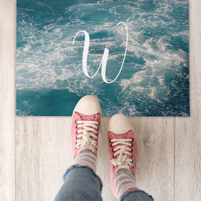 Caribbean Blue White Waves Seascape Monogram Fußmatte (Caribbean Blue White Waves Seascape Monogram Doormat)