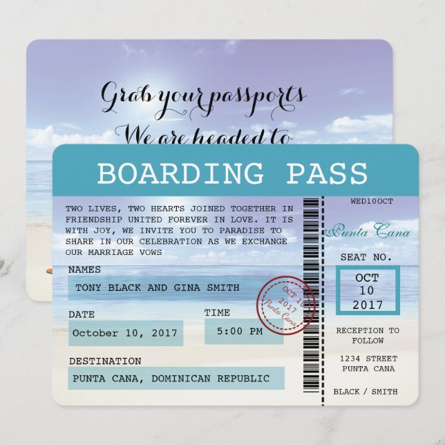 Caribbean Dreamz Wedding Boarding Pass Einladung (Vorne/Hinten)