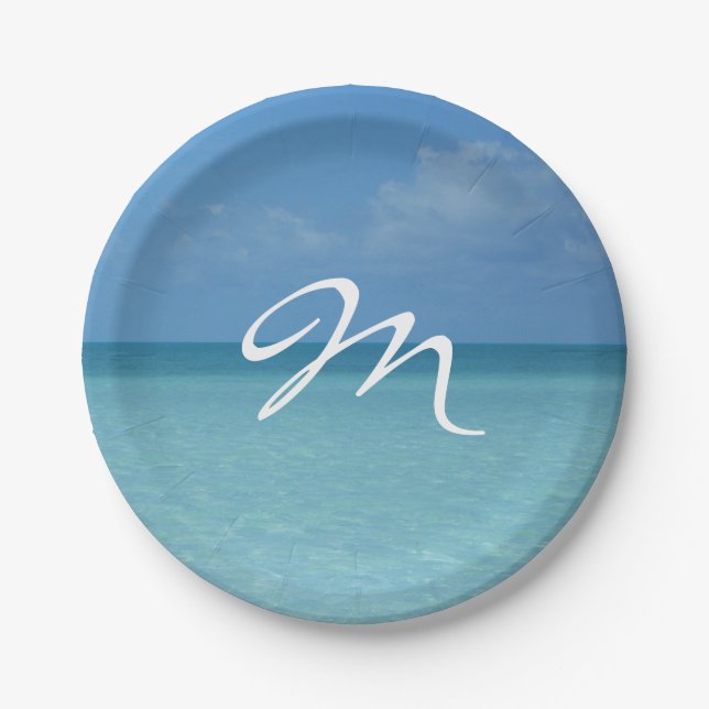 Caribbean Horizon Tropical Turquoise Blue Monogram Pappteller (Vorderseite)