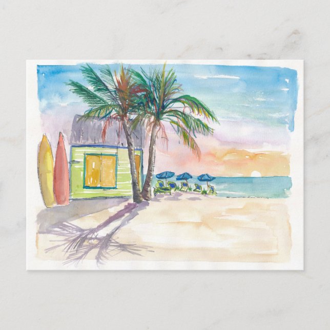 Caribbean Surf Beach Bar Boards und Sunset Postkarte (Vorderseite)