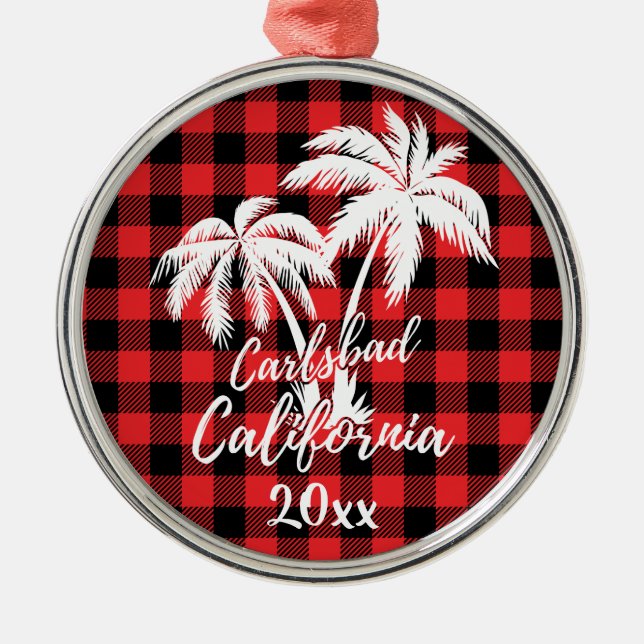 Carlsbad California Beach Palm Tree Red Kariert Ornament Aus Metall (Vorne)