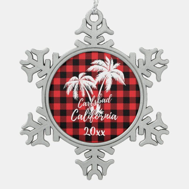 Carlsbad California Beach Palm Tree Red Kariert Schneeflocken Zinn-Ornament (Vorderseite)