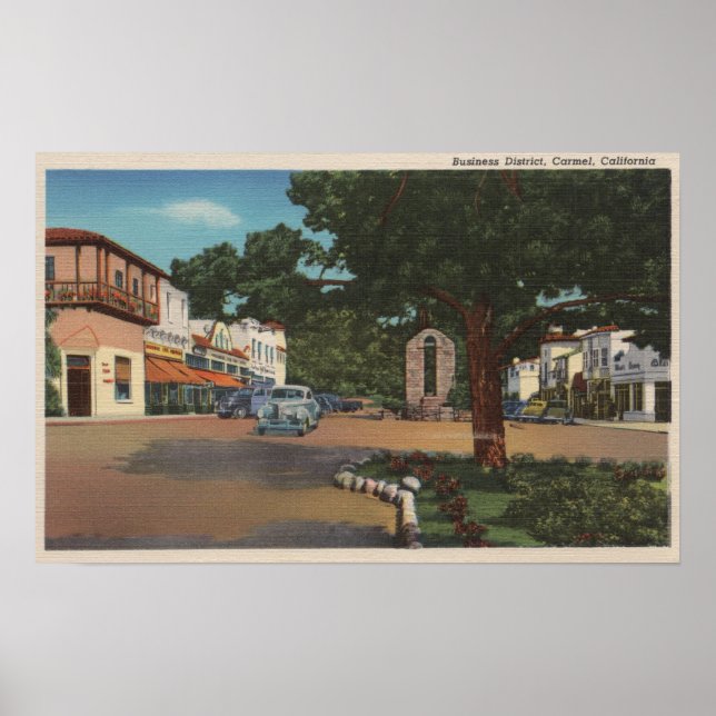 Carmel, CA - Street Scene with Trees and Shops Poster (Vorne)