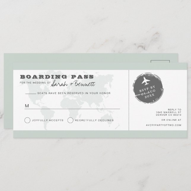CARMEN Green World Map Boarding Pass RSVP Card Einladung (Vorne/Hinten)