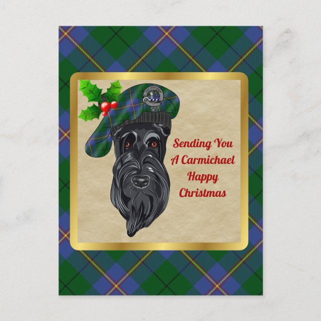 Carmichael Clan Abzeichen & Tartan Christmas Postkarte (Vorderseite)
