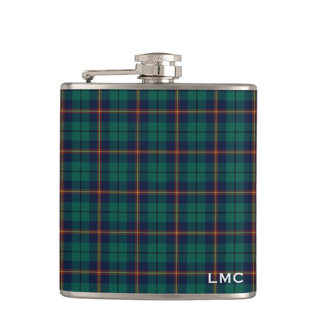 Carmichael Tartan Dark Green Kariert Monogram Flachmann (Vorderseite)