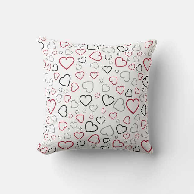 Carmin Red Gray Happy Hearts Muster Kissen (Vorderseite)
