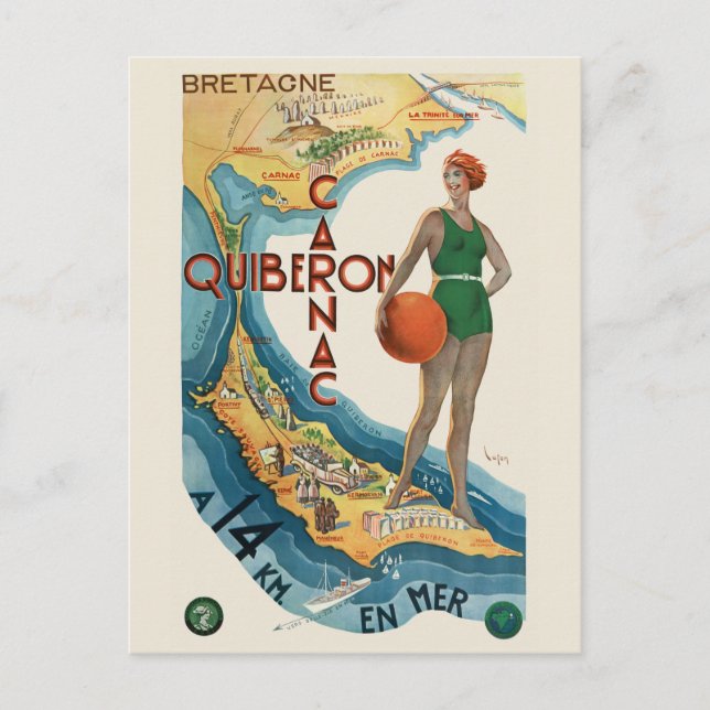 Carnac - Quiberon France Vintage Poster 1930 Postkarte (Vorderseite)