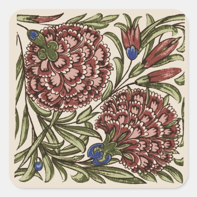 Carnation Blume Tile Antique Rustikale Kunst Quadratischer Aufkleber (Vorderseite)
