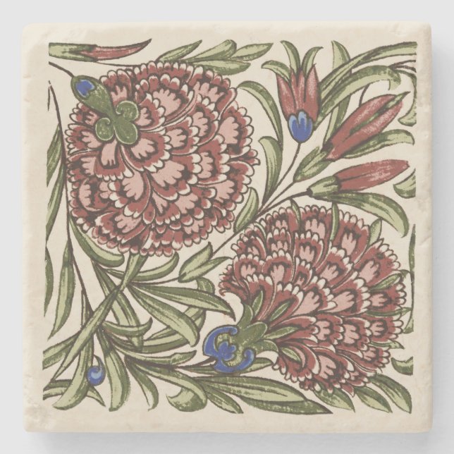 Carnation Blume Tile Antique Rustikale Kunst Steinuntersetzer (Vorderseite)