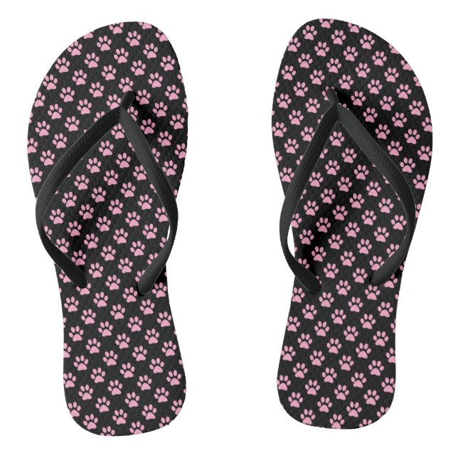 Carnation Pink Animal Paw Prints auf schwarz Flip Flops (Fußbett)