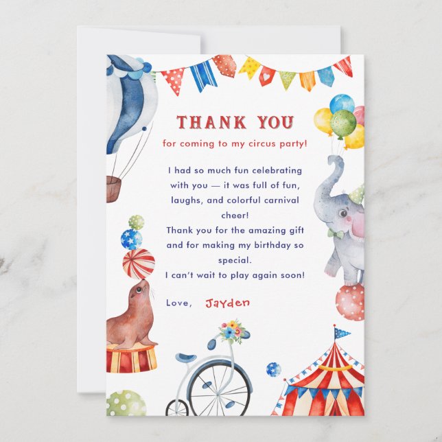 Carnival Animal Circus Birthday Thank You Card Dankeskarte (Vorderseite)