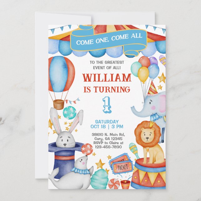 Carnival / Circus blue boy birthday invitation. Einladung (Vorderseite)