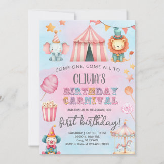 Carnival / Circus pink girl birthday invitation. Einladung