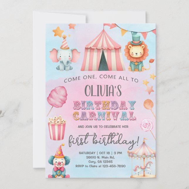 Carnival / Circus pink girl birthday invitation. Einladung (Vorderseite)
