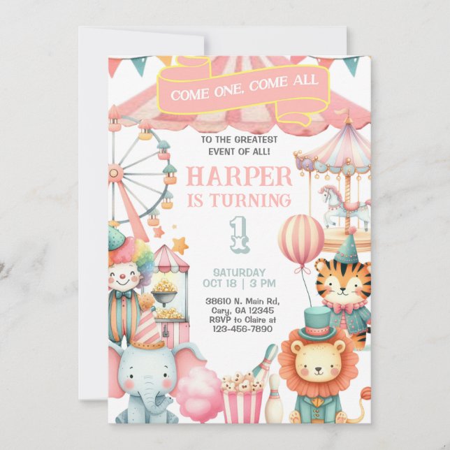 Carnival / Circus pink girl birthday invitation. Einladung (Vorderseite)