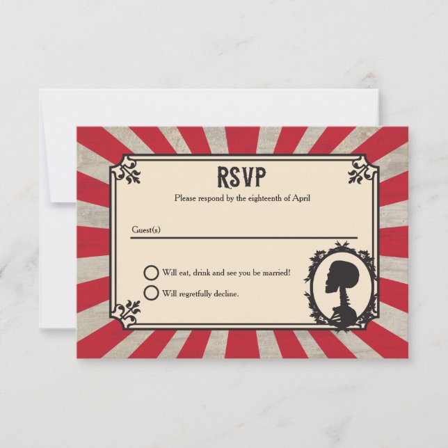 Carnival Skeleton Skull Steampunk Wedding RSVP Karte (Vorderseite)