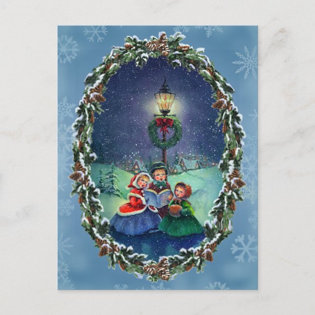 CAROLERS, LAMP & WREATH VON SHARON SHARPE POSTKARTE (Vorderseite)