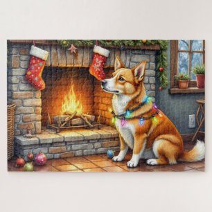 Carolina Dog Kamin mit Weihnachtslichtern Puzzle