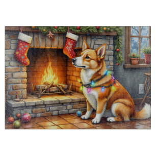 Carolina Dog Kamin mit Weihnachtslichtern Schneidebrett