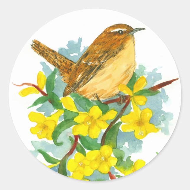 Carolina Wren Jessamine Watercolor Blume Runder Aufkleber (Vorderseite)