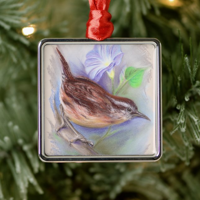 Carolina Wren mit den Blume der Morning Glory Ornament Aus Metall (Baum)