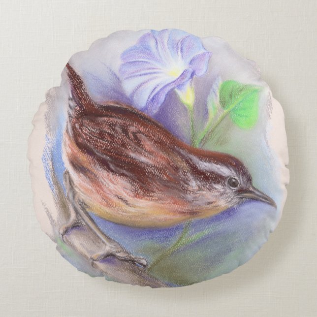 Carolina Wren mit den Blume der Morning Glory Rundes Kissen (Vorderseite)