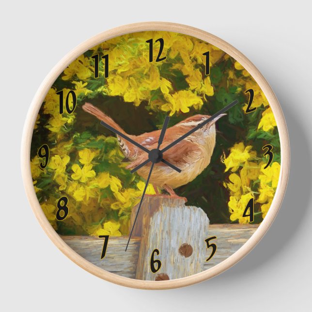 Carolina Wren Painting - Original Wild Bird Art Uhr (Vorderseite)