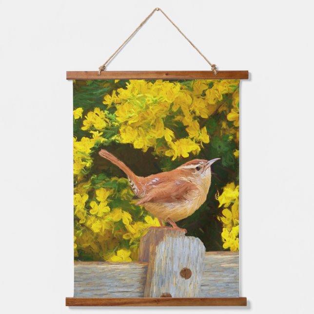 Carolina Wren Painting - Original Wild Bird Art Wandteppich Mit Holzrahmen (Vorderseite)