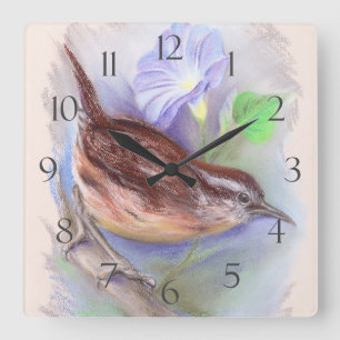Carolina Wren with Morning Glory Flowers Quadratische Wanduhr