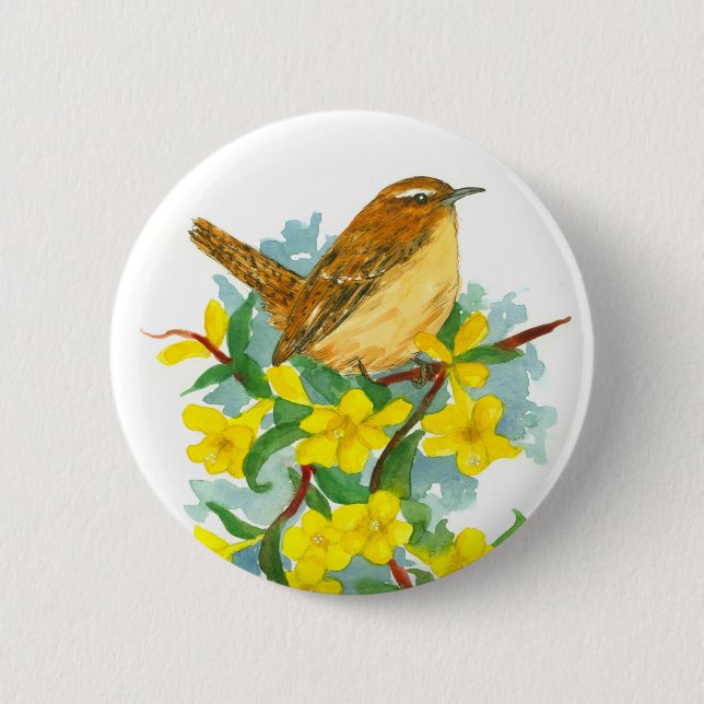 Carolina Yellow Jessamine Blume Wren Bird Button (Vorderseite)