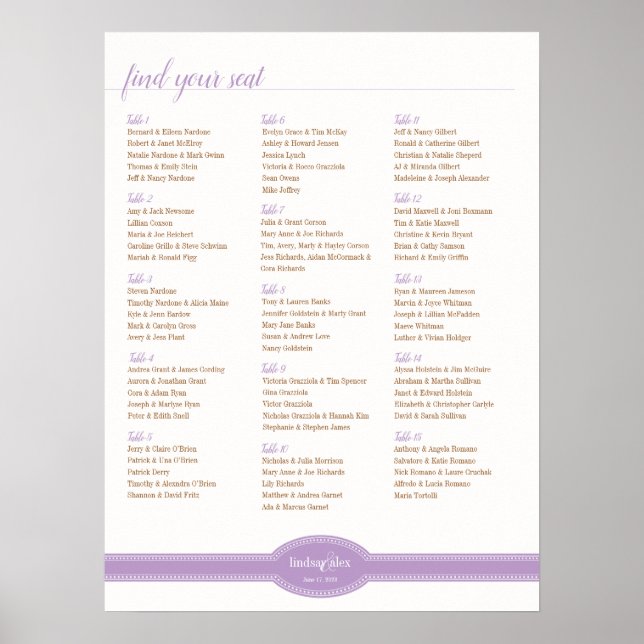 Caroline Seating Chart for Wedding, Lavendel Poster (Vorne)