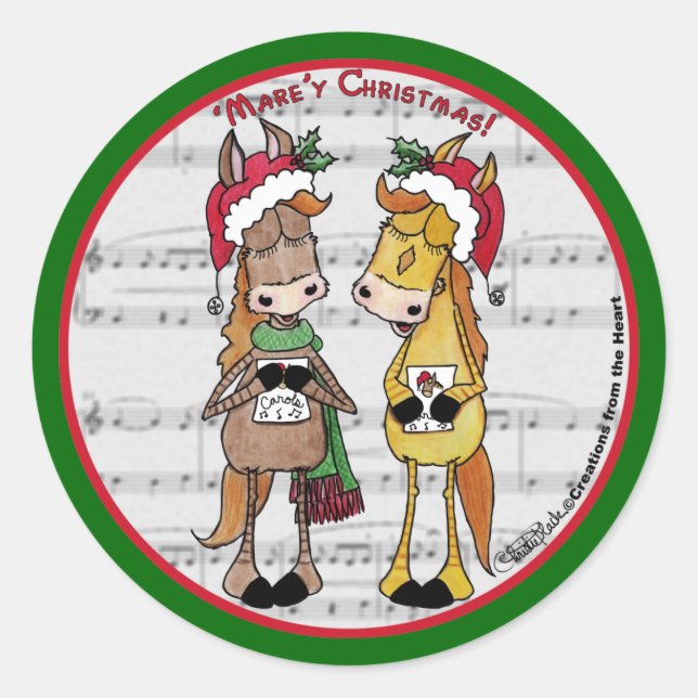 Caroling Horses - 'Mare'y Christmas Runder Aufkleber (Vorderseite)