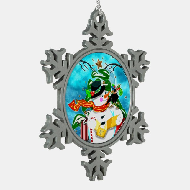 Caroling Snowman Schneeflocken Zinn-Ornament (Links)
