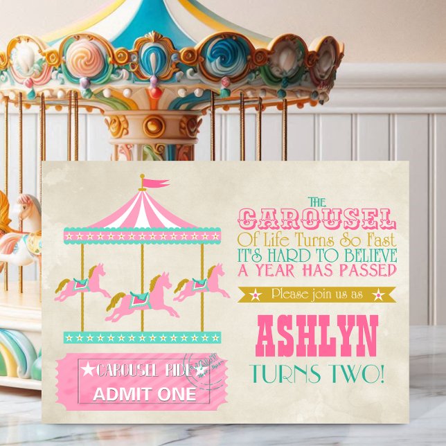 Carousel Birthday Party Einladung (Carousel, the perfect invite for a young child that is growing quickly, front view.)
