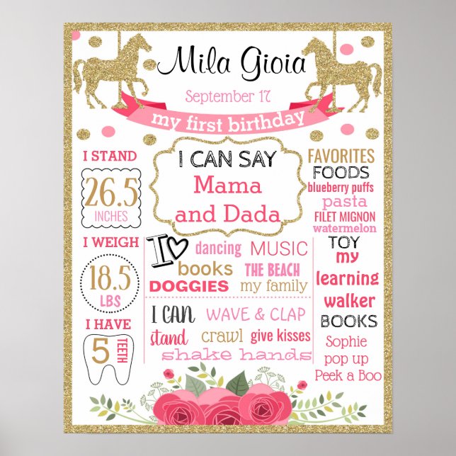Carousel First Birthday Chalkboard-Zeichen Poster (Vorne)