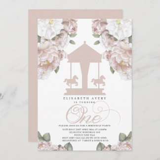 Carousel floral Soft Pink Erster Geburtstag Einladung