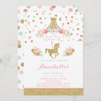 Carousel Geburtstag Einladung Floral Pink Minze Go