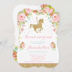 Carousel Geburtstag Einladung Floral Pink Minze Go