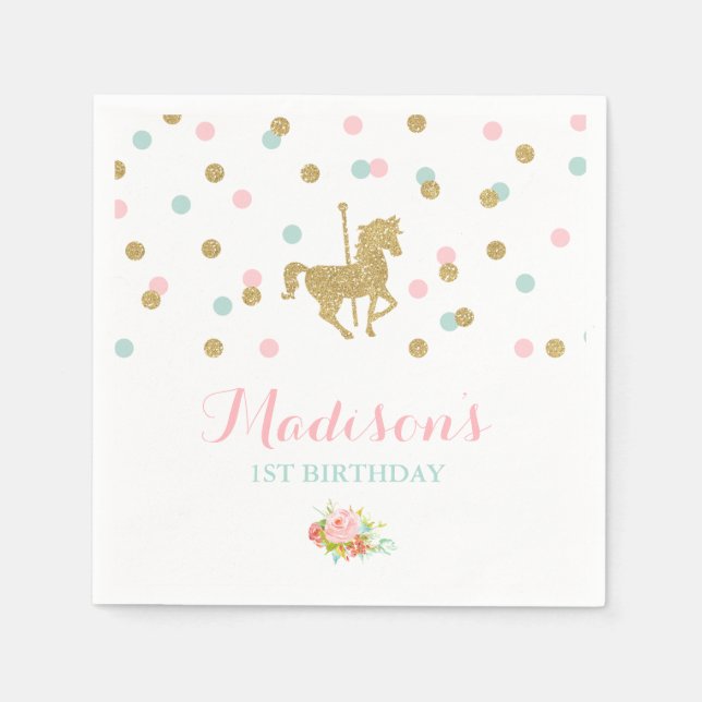 Carousel Geburtstagsparty Napkin Pink Gold Karusse Serviette (Vorderseite)