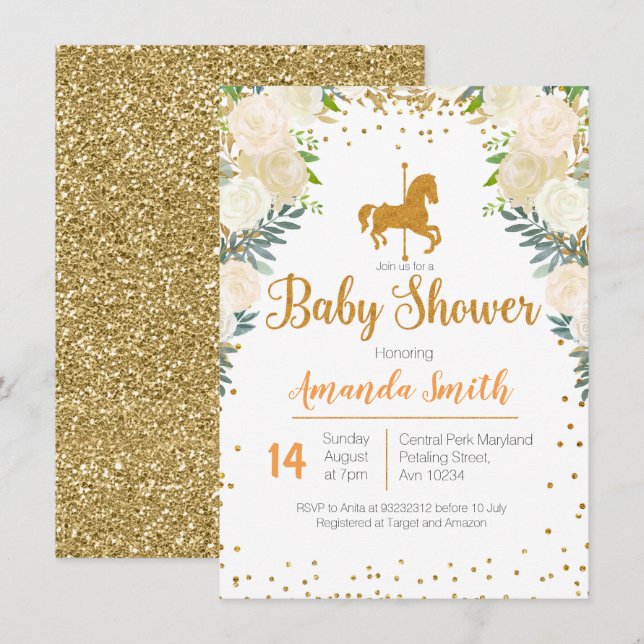 Carousel Gold White Baby Dusche Einladung (Vorne/Hinten)