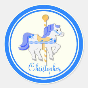 Carousel Horse Blue Gold Stars Runder Aufkleber