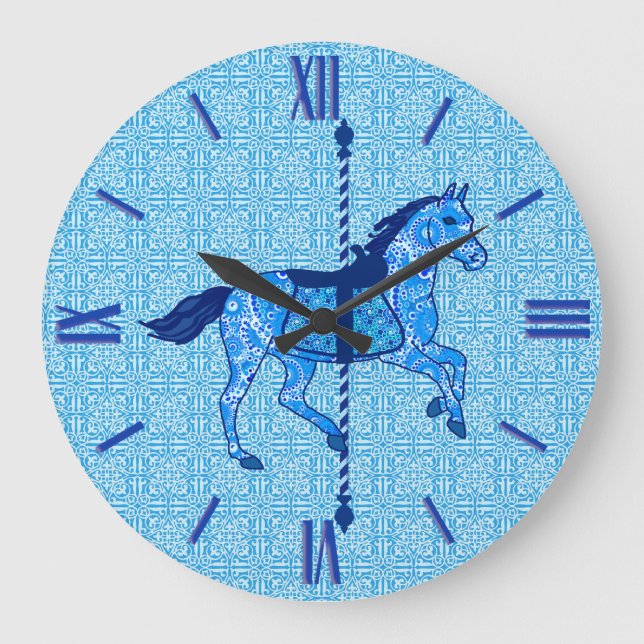 Carousel Horse - Cobalt und Sky Blue Große Wanduhr (Vorderseite)
