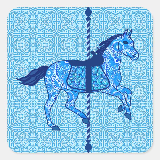Carousel Horse - Cobalt und Sky Blue Quadratischer Aufkleber (Vorderseite)