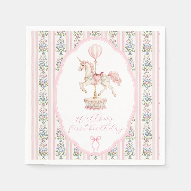 Carousel Pink First Birthday Serviette (Vorderseite)