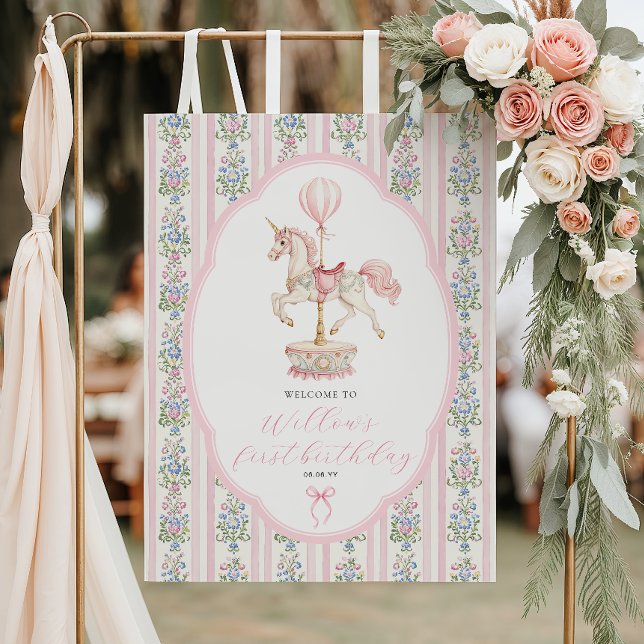 Carousel Pink First Birthday Welcome Poster (Von Creator hochgeladen)