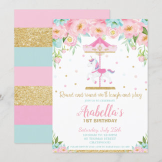 Carousel Unicorn 1. Geburtstag Pink Minze Blüte Einladung
