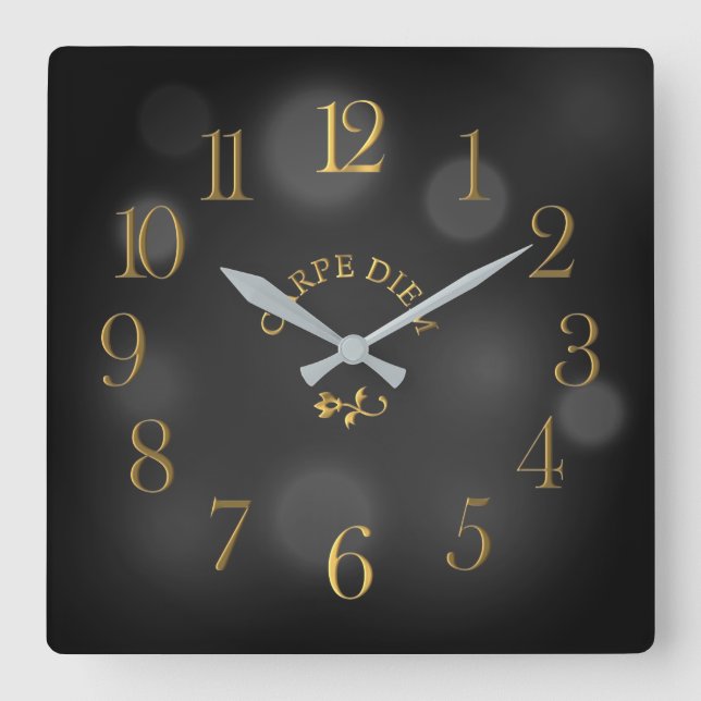 Carpe Diem Black Bokeh Acrylic Wall Clock Quadratische Wanduhr (Vorderseite)