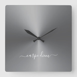 Carpe Diem Dark Gray Metallic Style Acrylic Quadratische Wanduhr
