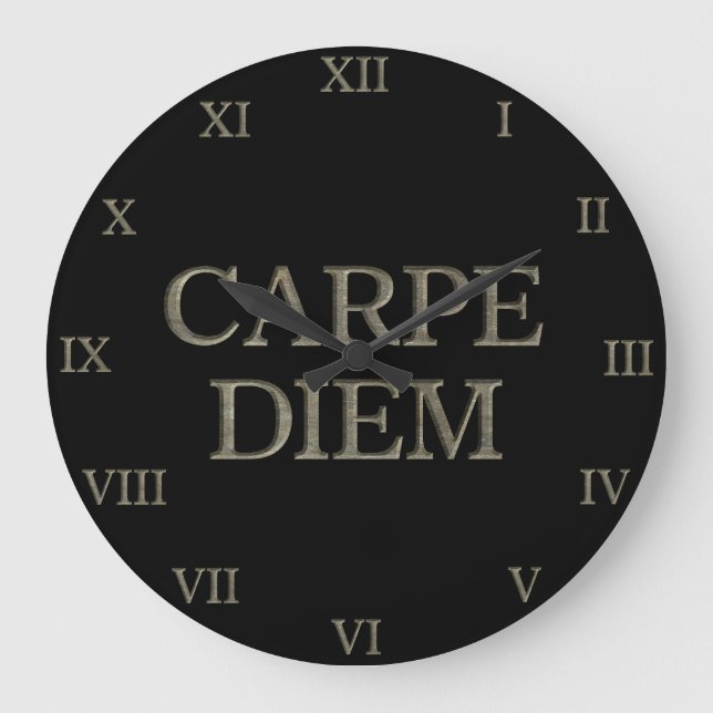 Carpe Diem schwarze Wanduhr römische Zahlen (Vorderseite)